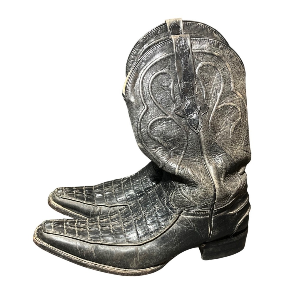 El General Cowboy Boots‎ Mens 8.5 Black Caiman Crocodile Leather Snip Toe 1901